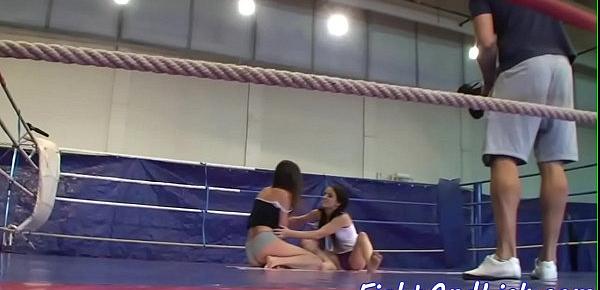 Skinny lesbians wrestling in a boxing ring